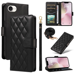 Husă cu clapetă pentru iPhone 16E, Rhombus Crossbody Leather, negru