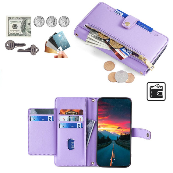 Cu clapetă pentru Realme 14 Pro 5G, Wallet Zipper Pocket, violet