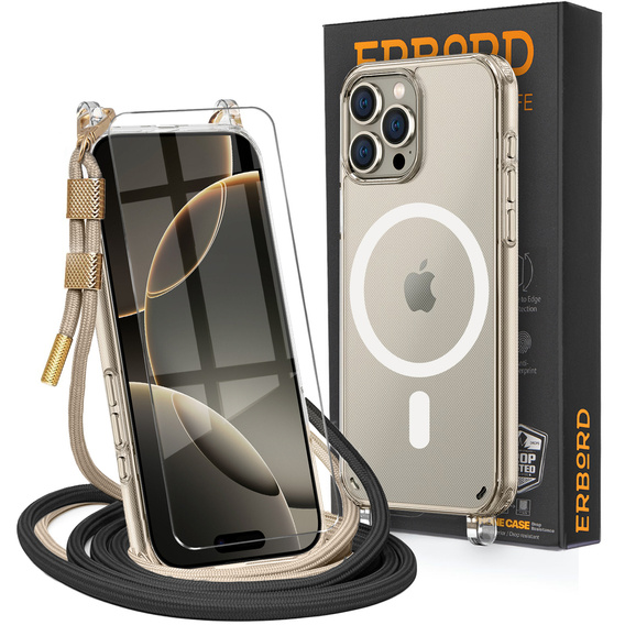 Husă cu lănțișor pentru iPhone 16 Pro, ERBORD MagSafe, transparentă + sticlă pentru ecran