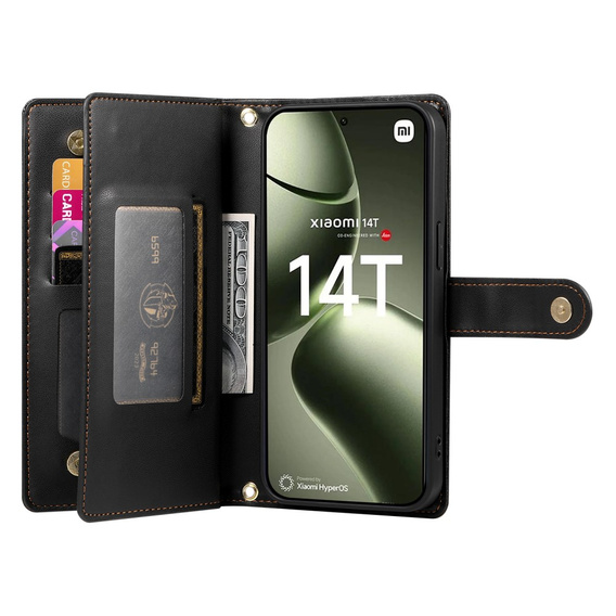 Cu clapetă pentru Xiaomi 14T, Wallet Zipper Pocket, negru