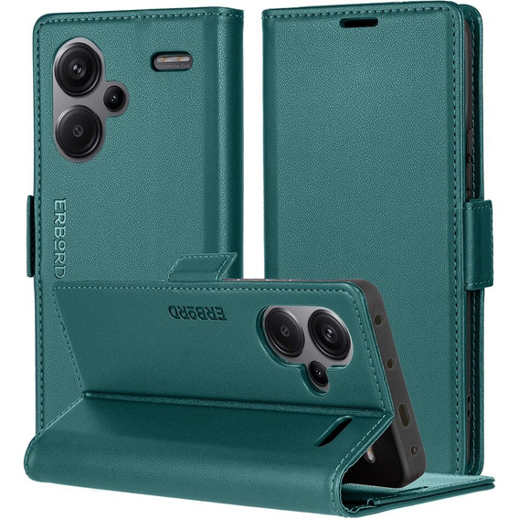 Husă pentru Xiaomi Redmi Note 13 Pro+, ERBORD Glossy Litchi, portofel cu clapetă, verde