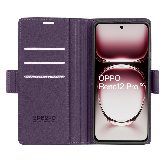 Husă pentru Oppo Reno 12 Pro, ERBORD Glossy Litchi, portofel cu clapetă, violet