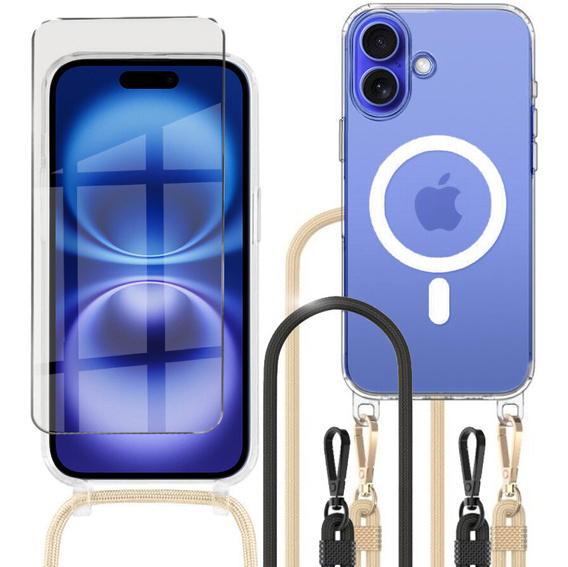 Husă cu lănțișor pentru iPhone 16, ERBORD MagSafe, transparentă + sticlă pentru ecran
