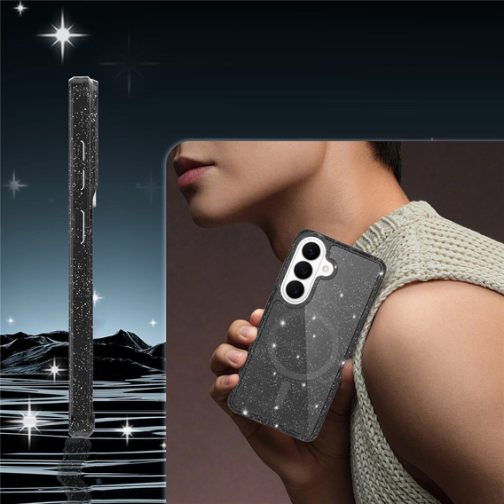 Husă cu sclipici, pentru MagSafe pentru Samsung Galaxy S26 Plus, transparentă/neagră