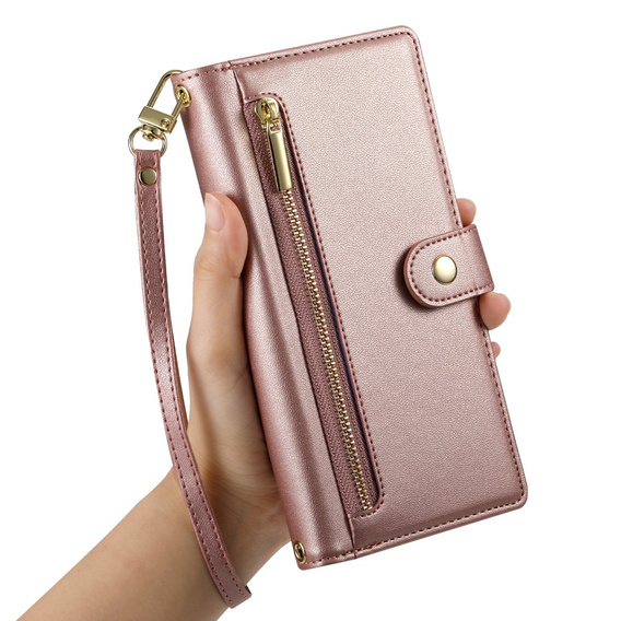 Cu clapetă pentru iPhone 16 Plus, Wallet Zipper Pocket, roz