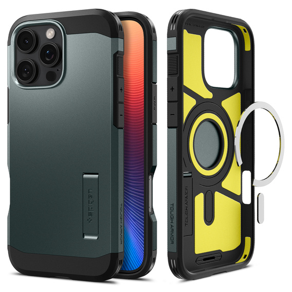 Carcasa Spigen pentru iPhone 16 Pro, Tough Armor Mag MagSafe, verde + 9H Tempered Glass