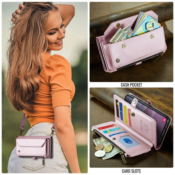 Husă CASEME pentru Samsung Galaxy S25 FE, RFID Leather Wallet, cu curea de umăr, roz