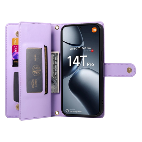 Cu clapetă pentru Xiaomi 14T Pro, Wallet Zipper Pocket, violet