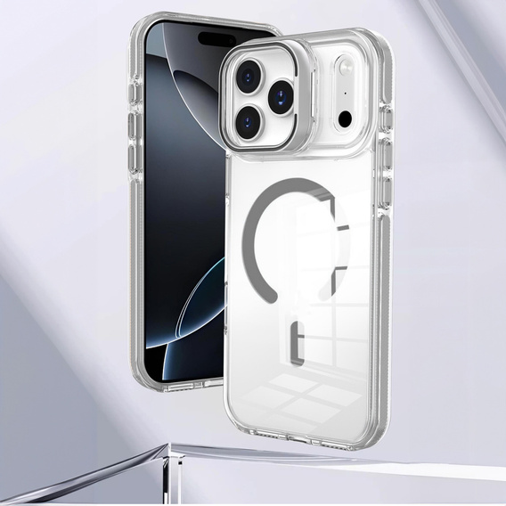 Husă pentru iPhone 17 Pro, pentru MagSafe, cu suport, transparentă cu inserții gri