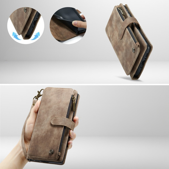 Husa CASEME pentru Samsung Galaxy A56 5G, Leather Wallet Cash and Card Slots, cu curea, maro