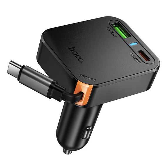 Încărcător auto Hoco cu ieșire triplă și cablu USB-C retractabil de 65 W