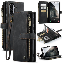 Husa CASEME pentru Samsung Galaxy A56 5G, Leather Wallet Cash and Card Slots, cu curea, negru