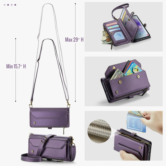 Husă CASEME pentru Samsung Galaxy A55 5G, RFID Leather Wallet, cu curea de umăr, violet
