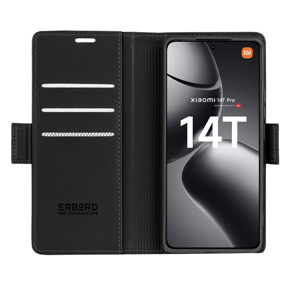 Husă pentru Xiaomi 14T Pro, ERBORD Glossy Litchi, portofel cu clapetă, negru