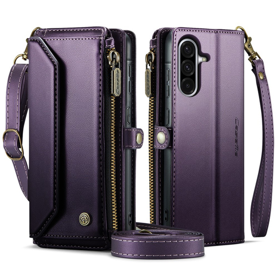 Husă CASEME pentru Samsung Galaxy A56 5G, RFID Leather Wallet, cu curea de umăr, violet