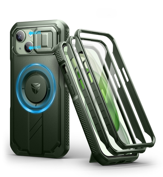 Husă blindată pentru iPhone 15, Dexnor CamProtect MagSafe, verde (Două rame)