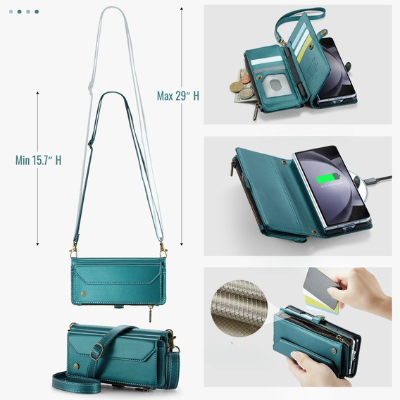 Husă CASEME pentru Samsung Galaxy Z Fold6 5G, RFID Leather Wallet, cu curea de umăr, verde