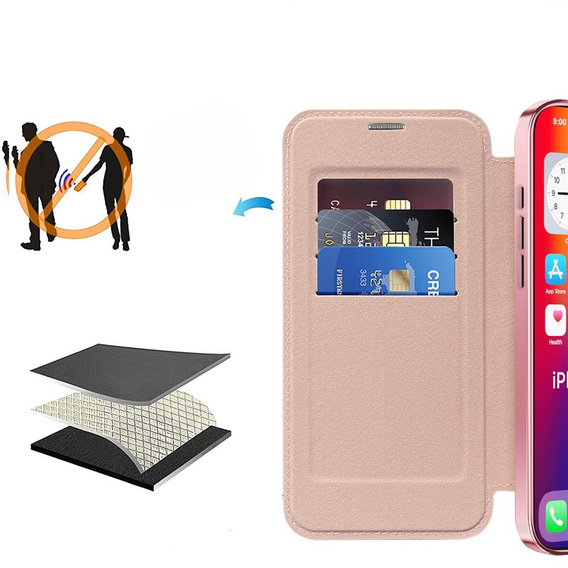 Cu clapetă pentru iPhone 16 Pro, RFID Wallet MagSafe CamShield, roz