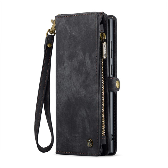 Husă CASEME pentru Samsung Galaxy S25 Ultra, Retro Leather Wallet, cu curea de umăr, negru