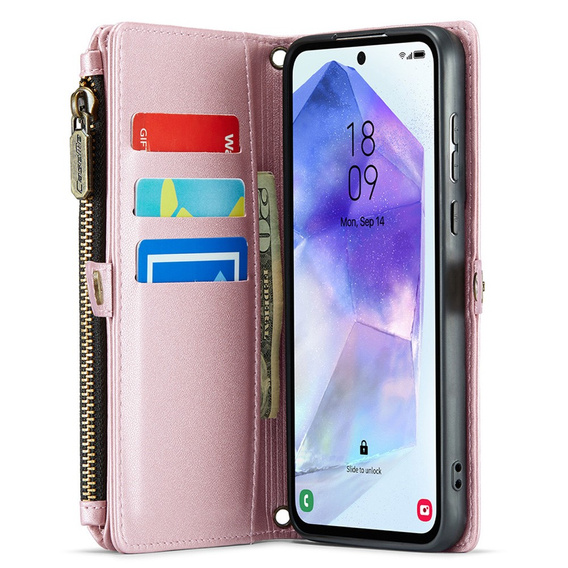 Husă CASEME pentru Samsung Galaxy A55 5G, RFID Leather Wallet, cu curea de umăr, roz