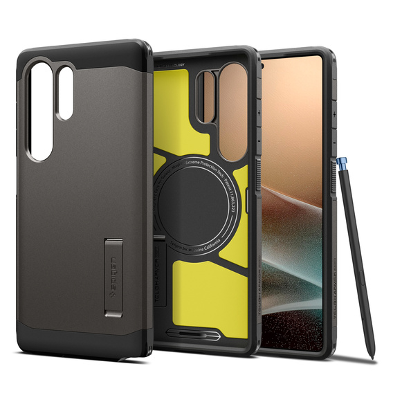 Carcasa Spigen pentru Samsung Galaxy S25 Ultra, Tough Armor Mag MagSafe, gri + 9H Tempered Glass