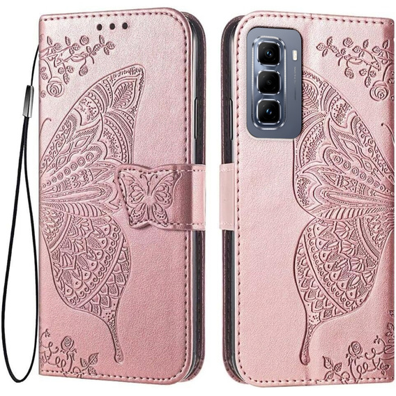 Cu clapetă pentru Infinix Hot 50 Pro+ 4G, Butterfly, roz rose gold