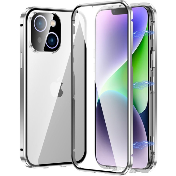 Husa pentru iPhone 15, Magnetic Dual Glass, de argint