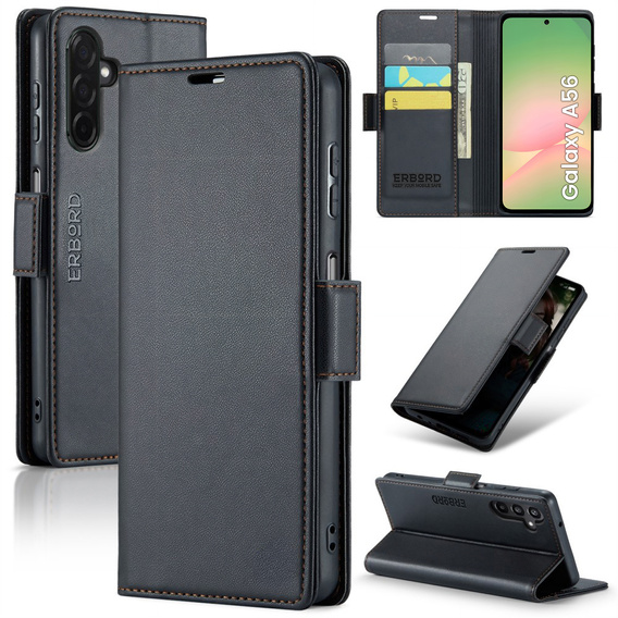 Husă pentru Samsung Galaxy A56, ERBORD Glossy Litchi, portofel cu clapetă, negru