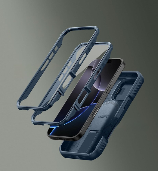 Husă blindată pentru iPhone 16 Pro, Dexnor CamProtect MagSafe, albastru (Două rame)
