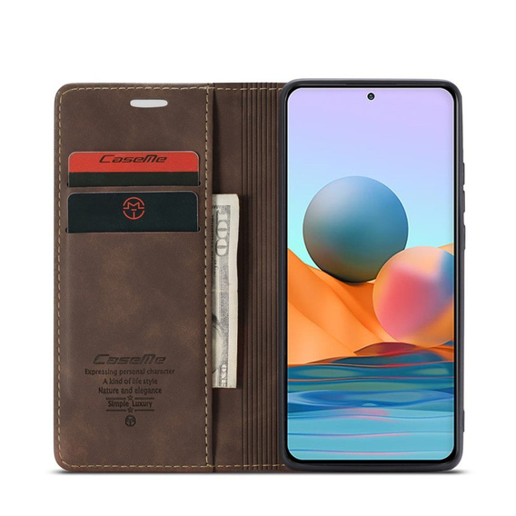 Husa CASEME pentru Xiaomi Redmi Note 10 Pro, Leather Wallet Case, cafea
