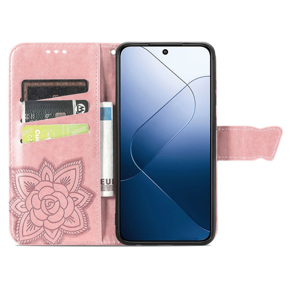Cu clapetă pentru Xiaomi 14T, Butterfly, roz rose gold