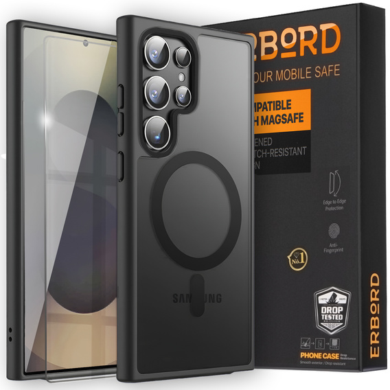 Husă pentru Samsung Galaxy S25 Ultra, pentru MagSafe, ERBORD Matt Case, negru + sticlă pentru ecran
