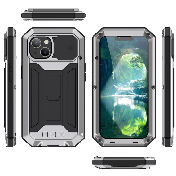 Husă pentru iPhone 13, R-JUST CamShield Slide, armată, de argint / negru