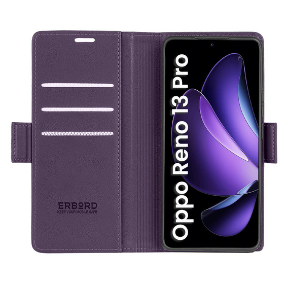 Husă pentru Oppo Reno 13 Pro, ERBORD Glossy Litchi, portofel cu clapetă, violet