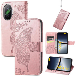 Cu clapetă pentru Xiaomi Poco F7, Butterfly, roz rose gold