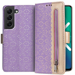 Carcasă cu clapetă pentru Samsung Galaxy S22+ Plus 5G, Wallet Pocket Zipper Lace, violet