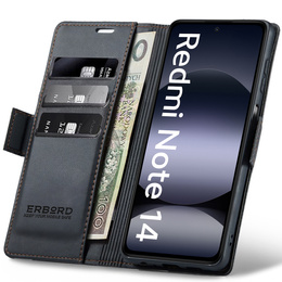 Husă pentru Xiaomi Redmi Note 14 5G, ERBORD Glossy Litchi, portofel cu clapetă, negru