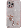 Husă pentru iPhone 13 Pro Max Glitter Flower, roz rose gold
