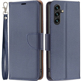 Cu clapetă pentru Samsung Galaxy A15, Wallet Litchi Leather, albastru + sticlă 9H