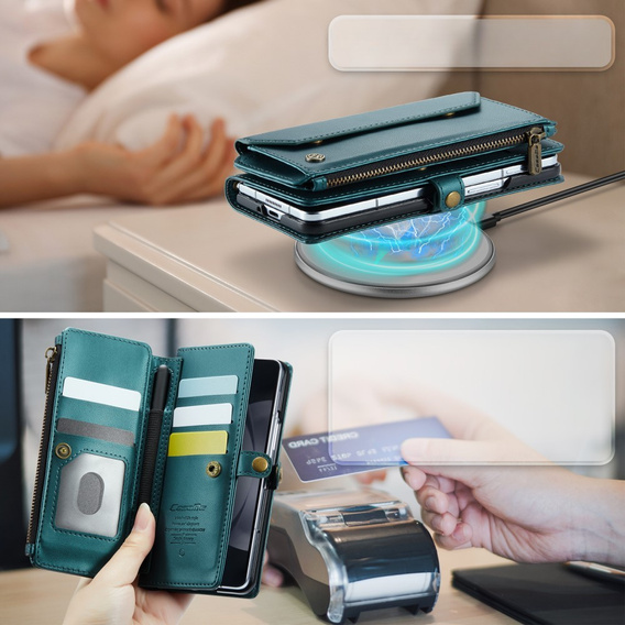 Husă CASEME pentru Samsung Galaxy Z Fold6 5G, RFID Leather Wallet, cu curea de umăr, verde