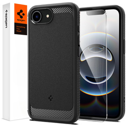 Carcasa Spigen pentru iPhone 16E, Rugged Armor MagSafe, negru + Tempered Glass 9H