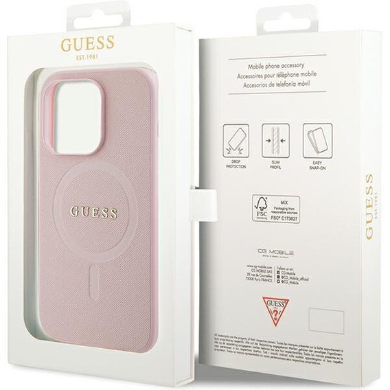 GUESS Huse pentru iPhone 14 Pro, Saffiano MagSafe, roz