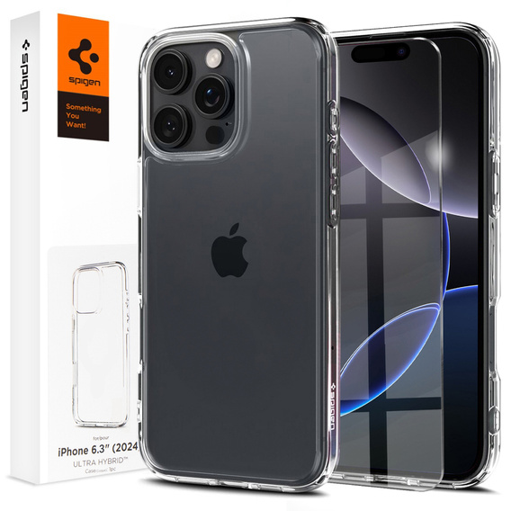 Carcasa Spigen pentru iPhone 16 Pro, Ultra Hybrid, transparentă + sticlă temperată 9H