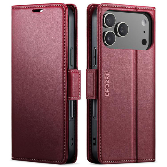 ERBORD Glossy Litchi caz, flip portofel pentru iPhone 17 Pro Max