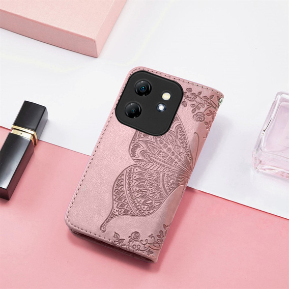 Cu clapetă pentru Infinix Hot 50i 4G, Butterfly, roz rose gold