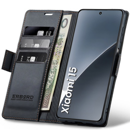 Husă pentru Xiaomi 15, ERBORD Glossy Litchi, portofel cu clapetă, negru
