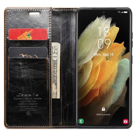 Carcasă flip CASEME pentru Samsung Galaxy S21 Ultra 5G, Waxy Textured, cafea