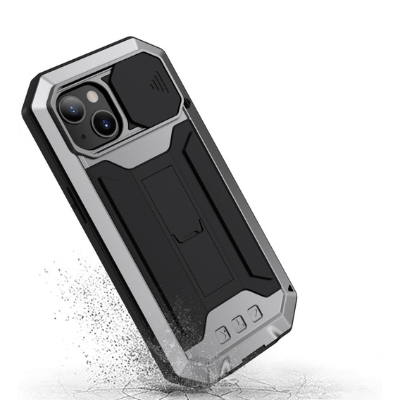 Husă pentru iPhone 13, R-JUST CamShield Slide, armată, de argint / negru