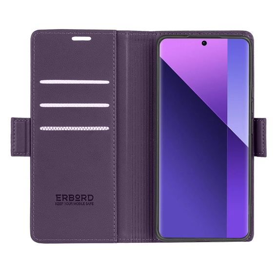 Husă pentru Xiaomi Redmi Note 13 Pro+, ERBORD Glossy Litchi, portofel cu clapetă, violet