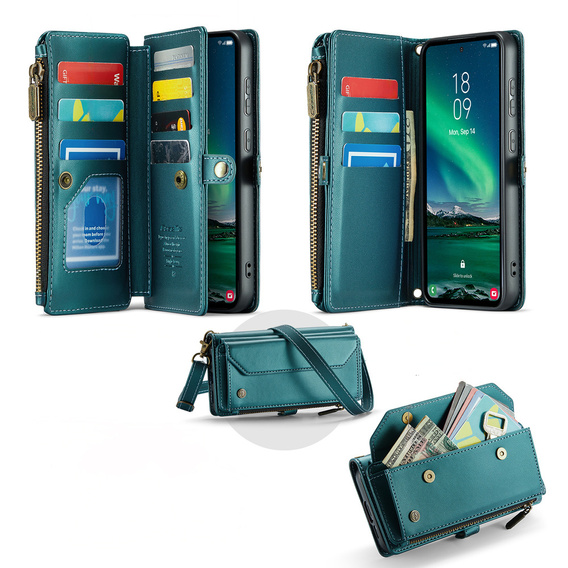 Husă CASEME pentru Samsung Galaxy S25 FE, RFID Leather Wallet, cu curea de umăr, verde